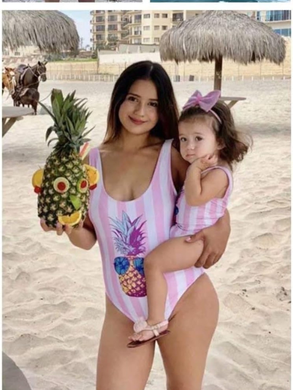 Matching Pink Stripe Pineapple Mom & Baby One-Piece Swim Set